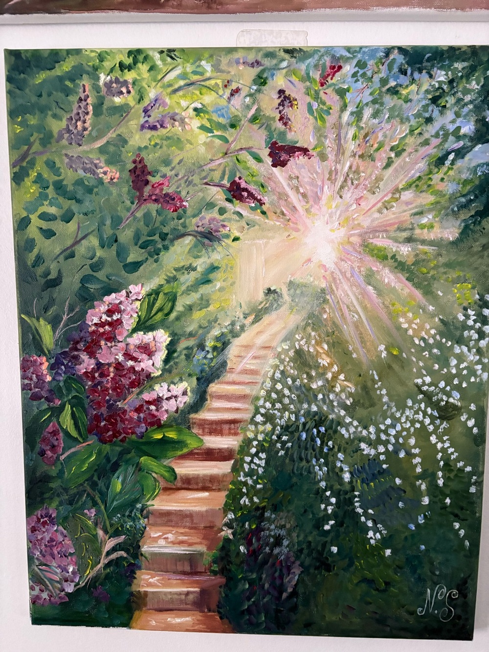 Sunlit Garden Staircase Canvas Art - Pink & Green Floral by N.S.